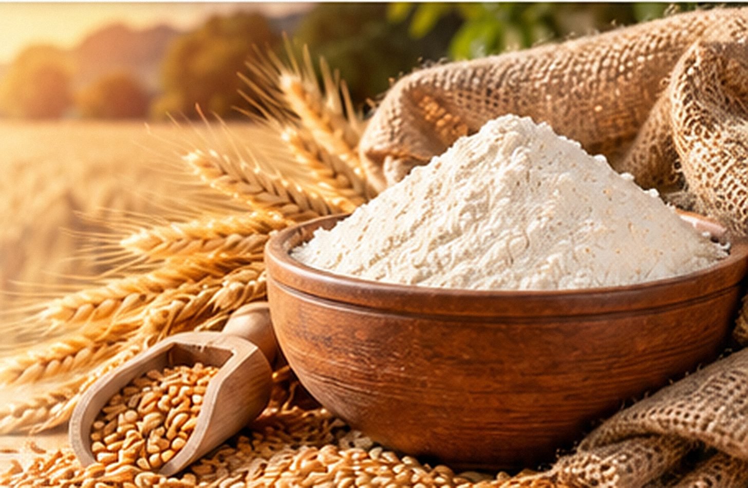 A wooden bowl of fresh wheat flour with wheat stalks and a burlap sack