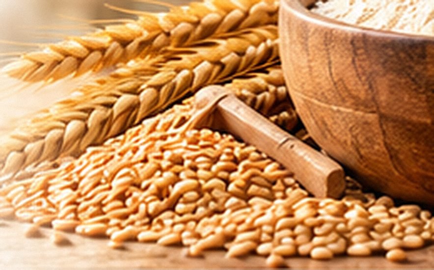 Golden wheat stalks and wheat grains on a wooden surface