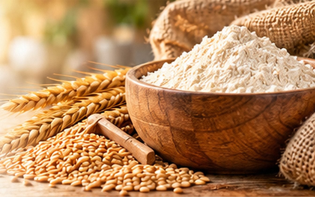 Wooden bowl filled with white wheat flour, surrounded by wheat grains and stalks